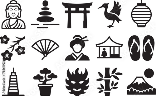 Japanese Traditional Elements Icons Set Asian Culture Symbols Vector Illustration