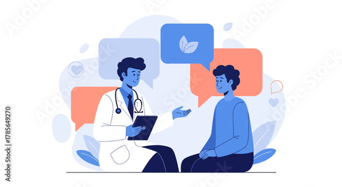 Medical Consultation Illustration Representing Diagnostic Procedures and Healthy Lifestyle