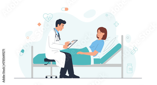 Medical Consultation: Physician Examining Patient, Healthcare Illustration, Medical Diagnosis.