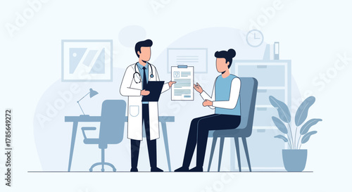 Medical Consultation Illustration: Doctor Explaining Records To Patient In Office Setting