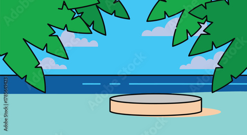 Tropical product display podium with palm trees and blue sky art