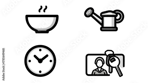 Collection of simple line icons: hot food bowl, watering can, analog clock, and person with key, representing daily tasks & utility.