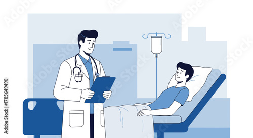 Medical Examination: Physician Reviews Patient Records in a Hospital Room Setting