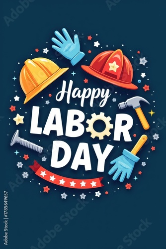 Happy labor day celebration with tools and hard hats