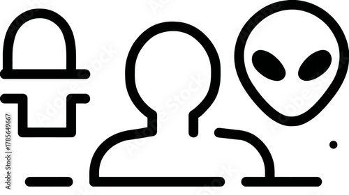 Extraterrestrial Life and Human Encounter Concept Icons. Graphic representation of alien, human figure, and UFO for science fiction themes.