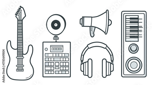 Vector line art icons of music production and audio equipment. Electric guitar, sound mixer, headphones, megaphone, speaker.