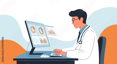 Medical Professional Analyzing Data on Computer Creating Solutions for Patients Worldwide