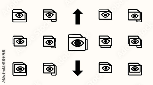 Digital file visibility and access icon set with up and down arrows, symbolizing data organization, sorting, privacy, and online content.