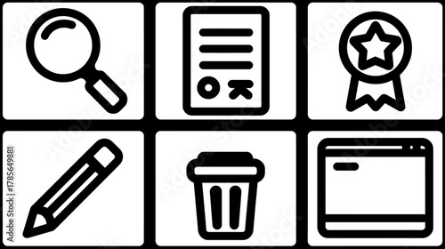 Set of minimalist black and white line icons for business, web, and UI. Includes search, document, award, edit, delete, and browser symbols.