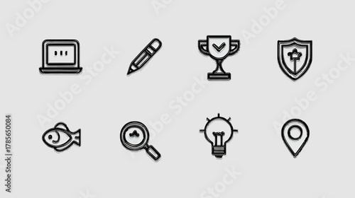 Modern black outline vector icon set for web design, UI/UX, and apps. Diverse symbols include technology, creativity, and security.