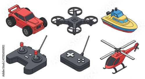 Remote control toys car drone boat helicopter vector illustration