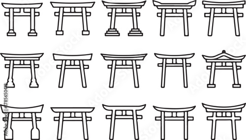 Torii Gate Outline Set: Japanese Shrine Entrance, Symbol, Architecture, Temple Icons