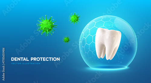 Dental Protection and Oral Health Concept with Tooth Under Shield Against Bacteria and Viruses. Perfect for Dentistry and Hygiene Themes. Healthy Teeth Vector Illustration.