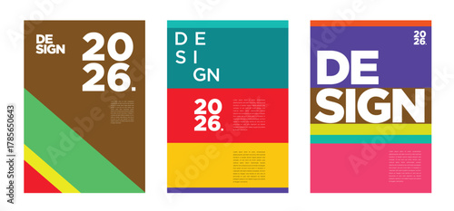 Vivid and futuristic 2026 posters with energetic gradients, abstract shapes, and bold compositions