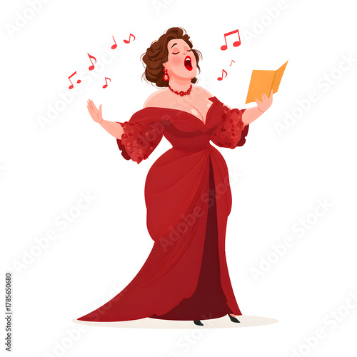 Melodious Diva's Performance: A vintage illustration showcases a female vocalist in a red gown, passionately performing, her voice bringing musical notes to life. 