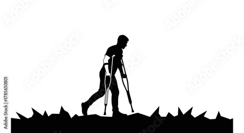 Silhouette of man on crutches walking forward to recovery success