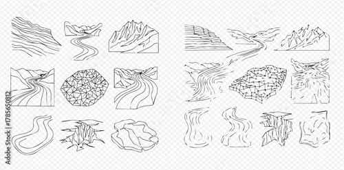 Collection of hand-drawn line art illustrations depicting various natural landscapes and geological formations like mountains, rivers, and rocks.