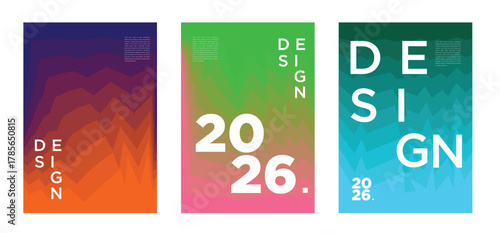 Vivid and futuristic 2026 posters with energetic gradients, abstract shapes, and bold compositions