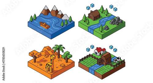 Isometric landscapes mountain river farm desert game assets design