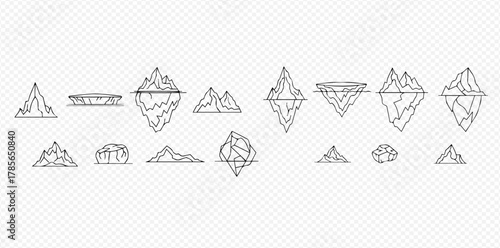Collection of minimalist line art illustrations featuring various icebergs and mountains, some with visible underwater parts.