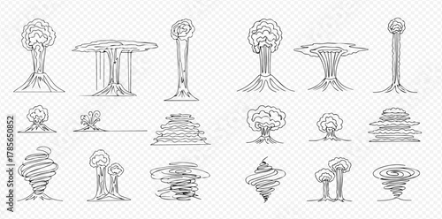 A collection of hand-drawn sketch illustrations depicting various abstract mushroom clouds, tornadoes, and natural disaster phenomena in line art style.
