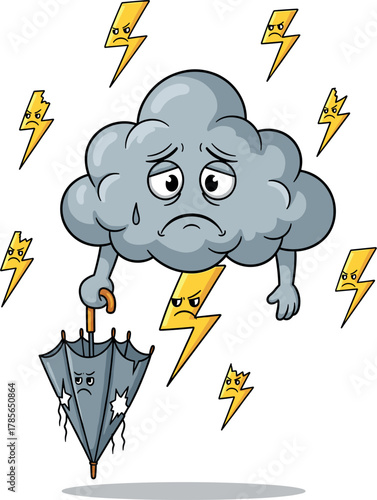 Sad cartoon cloud holding a broken umbrella during a thunderstorm
