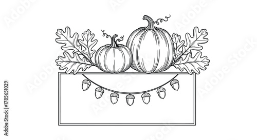 Fall pumpkins and oak leaves frame with acorn garland invitation