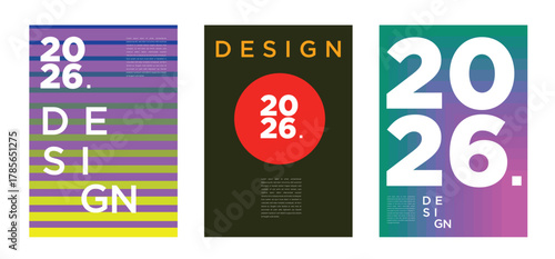 Vivid and futuristic 2026 posters with energetic gradients, abstract shapes, and bold compositions
