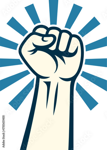 Blue Raised Fist with Radiating Rays – Vector Symbol of Strength, Unity, and Protest