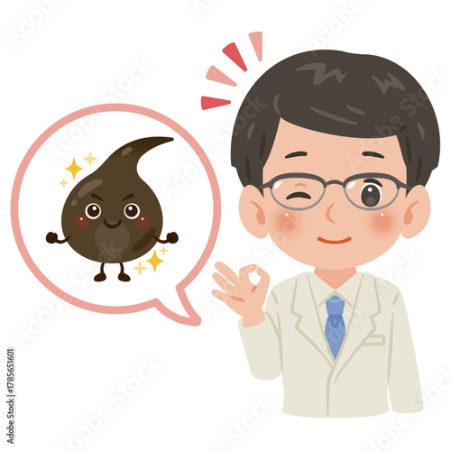 健康な毛根のキャラクターと白衣を着た男性医師　上半身イラスト／Healthy Hair Character with Male Doctor in White Coat　upper body illustration