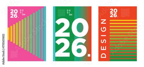 Vivid and futuristic 2026 posters with energetic gradients, abstract shapes, and bold compositions