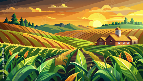 Very beautiful fields of young corn near a farm on rolling hills in Iowa during a sunny spring evening, featuring warm golden light, fresh green crops, gentle slopes, and a realistic peaceful rural la