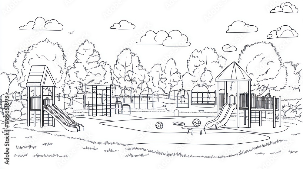 Obraz premium Outdoor playground with slides, climbing structures and balls under a cloudy sky for coloring page use