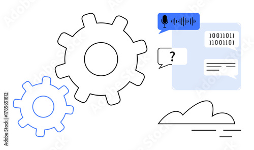 Two interlocking gears beside speech and binary data bubbles represent automation, AI, communication, and coding. Ideal for tech, programming, AI, innovation, engineering problem-solving simple