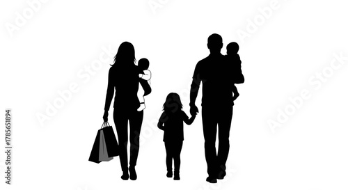 Happy family with children shopping together, carrying bags and baby