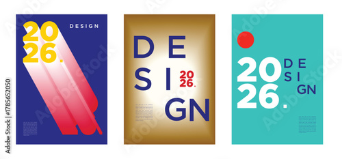 Vivid and futuristic 2026 posters with energetic gradients, abstract shapes, and bold compositions
