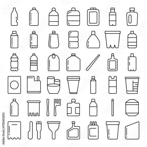 Minimal plastic bottle and container outline icons for eco and packaging illustration