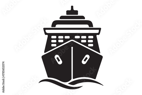 Front view silhouette of a large cruise ship sailing on wavy water isolated on white background