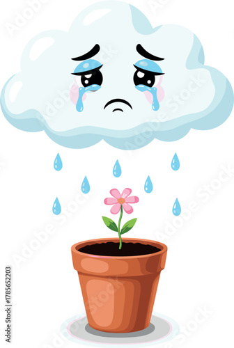 Sad crying cloud raining on a small flower in a pot