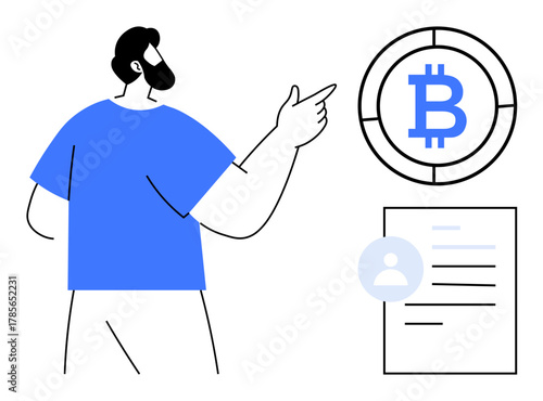 Person pointing to Bitcoin coin design and user profile on documents, conveying blockchain, finance, investment. Ideal for cryptocurrency, identity, fintech, blockchain, innovation technology