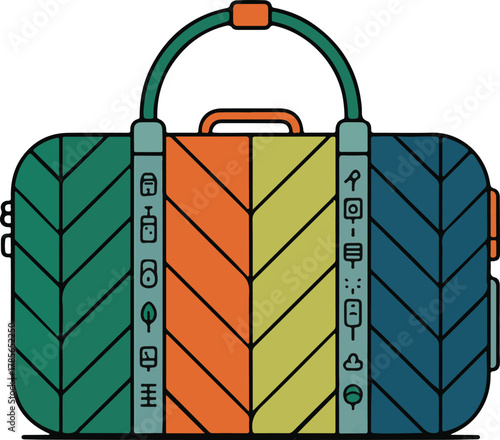 Colorful travel duffel bag illustration with chevron pattern and abstract icons. modern graphic design for journey, vacation, luggage concept.