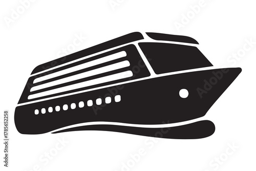 Stylized black silhouette of a modern cruise ship sailing on water isolated on white background