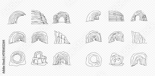 Set of hand-drawn line art illustrations depicting various natural rock formations, caves, and tunnels with different shapes and openings.