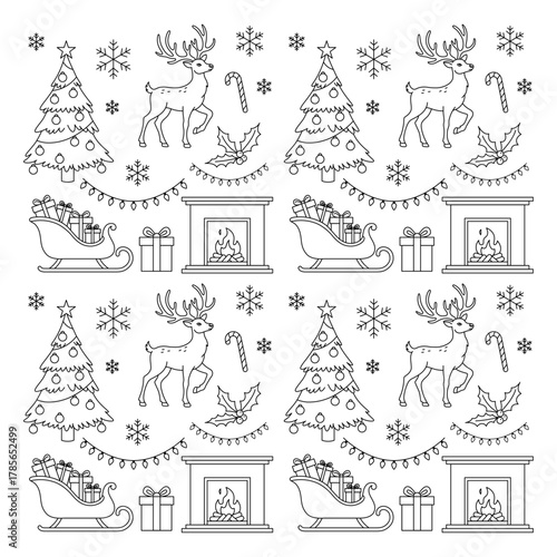 Festive Seamless Christmas Vector with Reindeer, Trees, Gifts, and Snowflakes