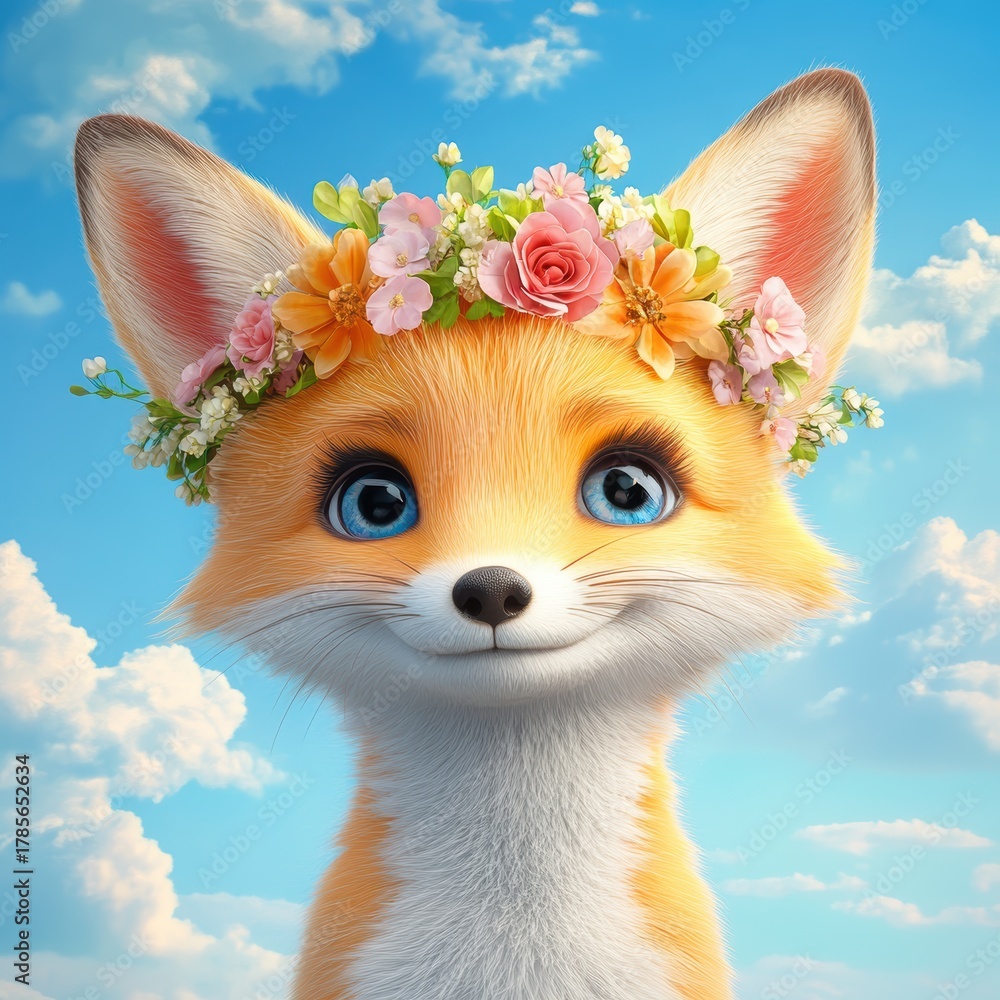 Fototapeta premium Cute cartoon fox with flower crown in a bright blue sky filled with fluffy clouds, playful expression, digital art, whimsical nature theme