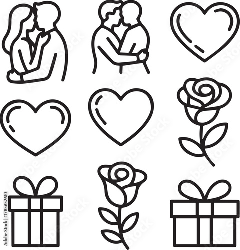 Line art icons of diverse couples kissing and hugging, hearts, roses, and gift boxes representing love, romance, relationships, and valentine's day celebration.
