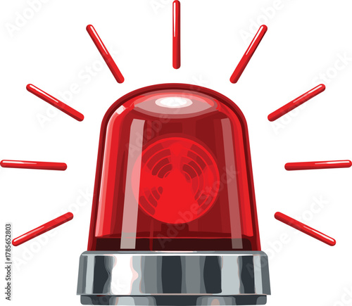 Red emergency siren light illustration with metallic base and glowing rays, symbolizing alert, danger, or police warning on white background