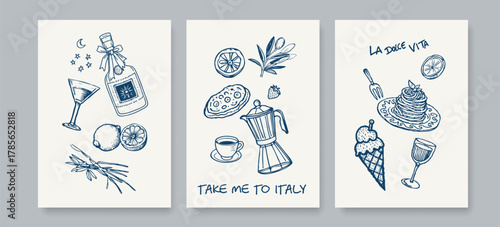 Hand Drawn Food and Drinks Poster Set Chalk Sketch Illustrations. Line Art Drawing of Wine Bottle, Wine Glasses, Pizza, Coffee. Vector Illustration of Food Icons Charcoal Crayon Minimalist Style