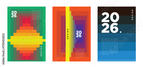 Vivid and futuristic 2026 posters with energetic gradients, abstract shapes, and bold compositions