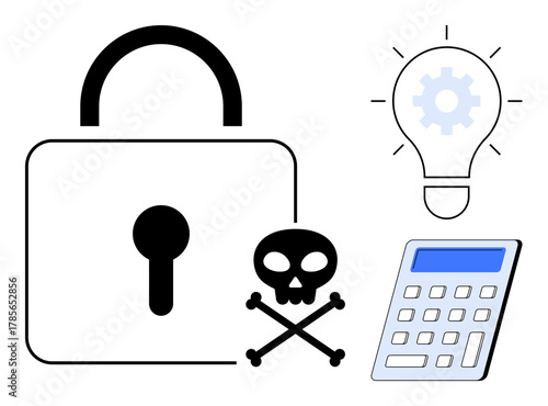 Padlock with keyhole, danger skull icon, glowing light bulb with gear, and calculator suggest secure systems, innovation, analysis, and risk. Ideal for technology, safety hacking education